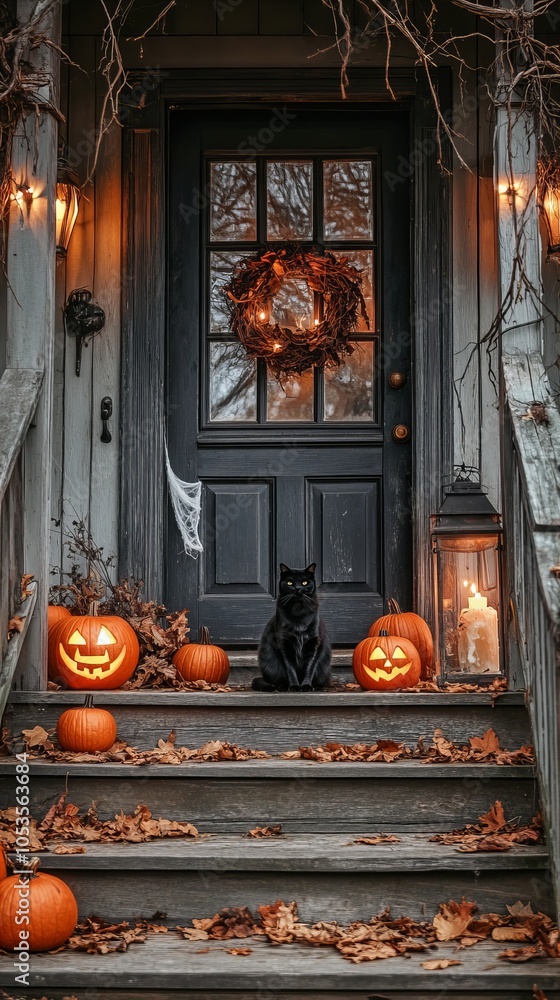 Obraz premium Cozy Autumn Cottage Entrance: Embrace the Warmth of Fall with Rustic Charm and Holiday Glow