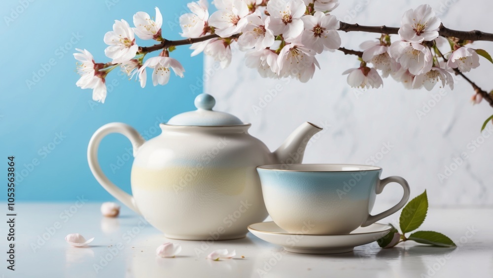 A serene teapot and cup of tea adorned with cherry blossoms on a tranquil blue backdrop. A serene teapot and cup of tea adorned with cherry blossoms on a tranquil blue backdrop.