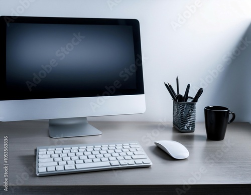 Desktop computer setup, including accessories like keyboard and mouse, representing office work, productivity, and tech.