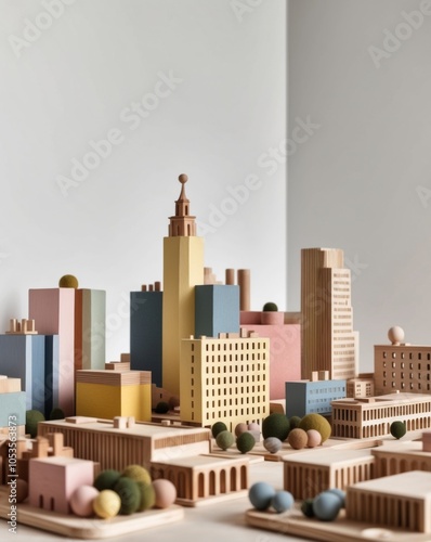 Miniature wooden city model with small buildings. photo