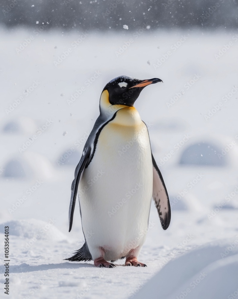 Obraz premium Majestic Emperor Penguin in Serene Winter Landscape Under Snowfall.