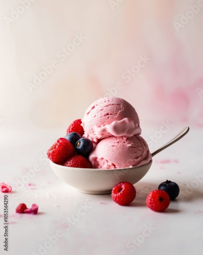 Pink Ice Cream with Fresh Berries on Soft Background. photo