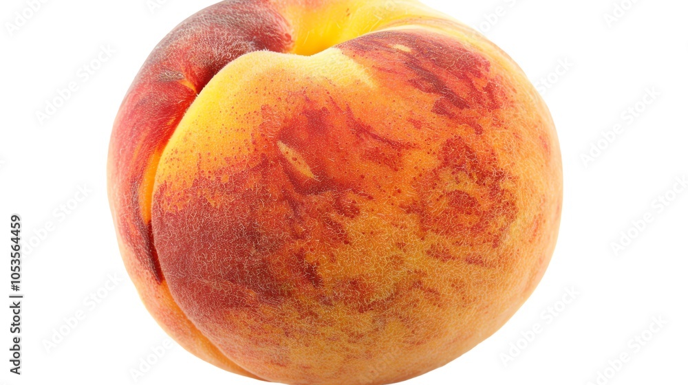 Fototapeta premium A single, ripe peach with a red blush, isolated on a white background.