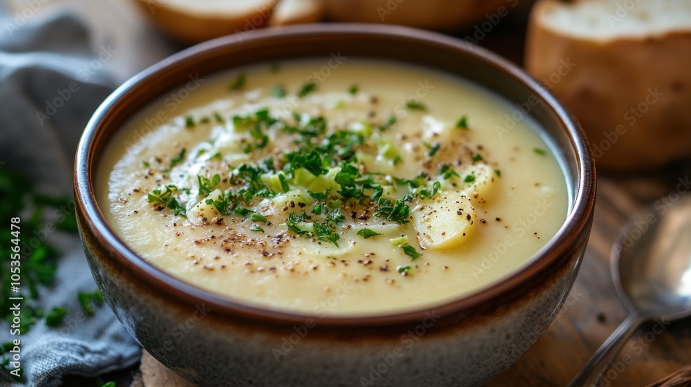 Warm bowl of potato and leek soup Warm bowl of potato and leek soup