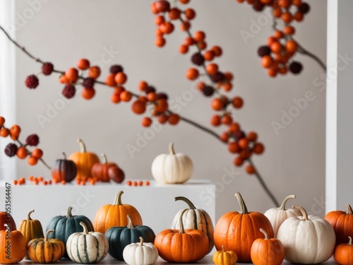 Various pumpkins and out of focus berries in front. photo