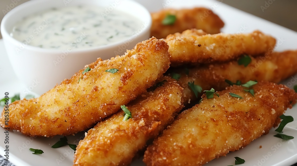 Crispy fried chicken strips served with a creamy dipping sauce. Crispy fried chicken strips served with a creamy dipping sauce.