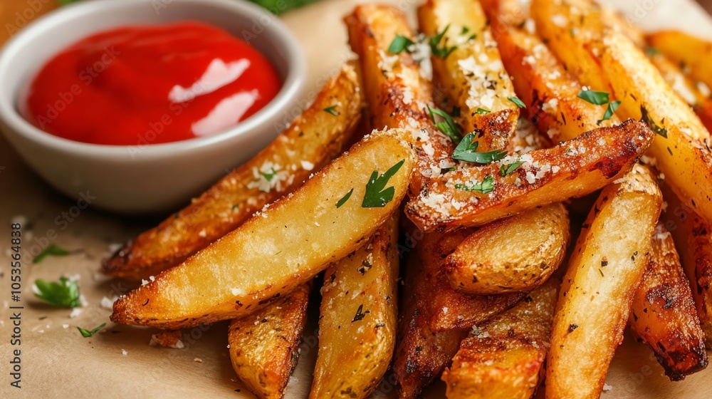 Crispy golden French fries served with a side of ketchup, garnished with parsley. Crispy golden French fries served with a side of ketchup, garnished with parsley.