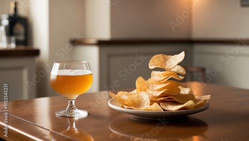 Refreshing Beer and Crispy Chips in Cozy Bar Setting. photo