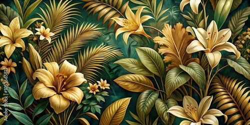 Vintage Luxury Golden Floral Art Print with Tropic Leaves and Lily - Wall Decor, Wallpaper