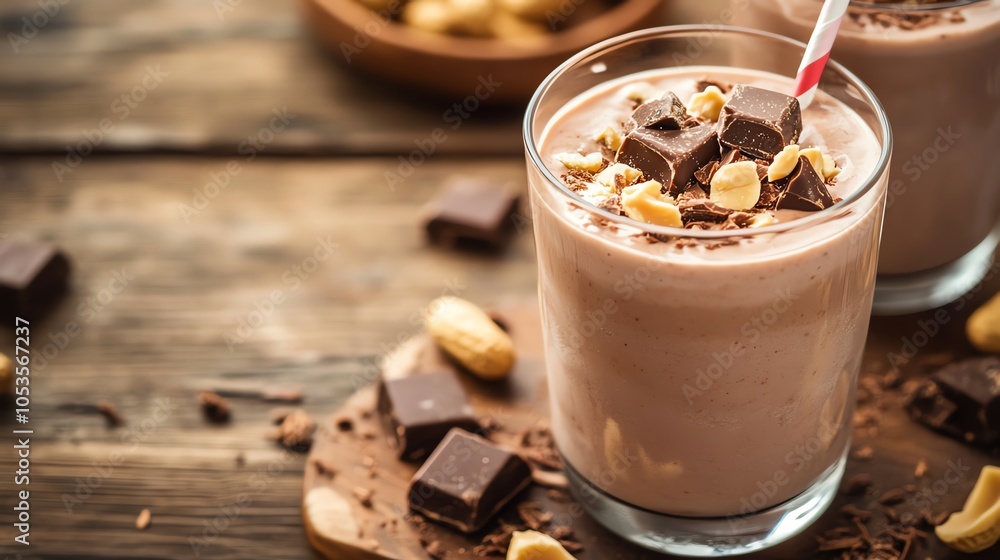 Delicious chocolate peanut butter shake in a glass with toppings, rustic wooden background. Delicious chocolate peanut butter shake in a glass with toppings, rustic wooden background.