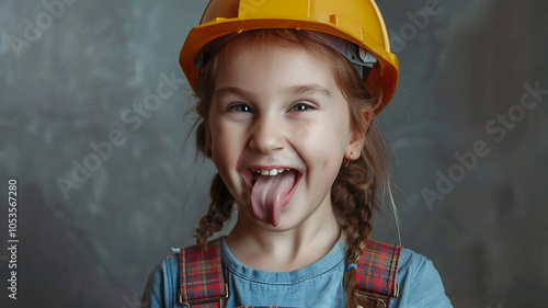 child girl in a construction helmet shows her tongue and teases, the concept of reconstruction renovation in an apartment