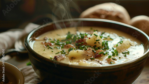 A warm dish of Scottish Cullen skink, brimming with the smoky flavors of haddock and hearty potatoes for a satisfying meal photo