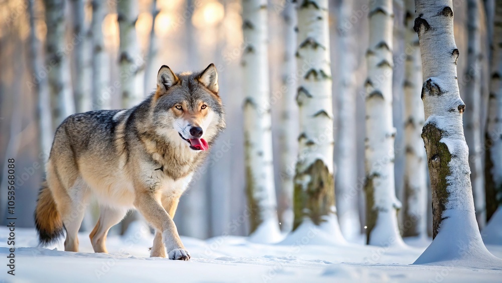 Obraz premium Winter scene of a grey wolf trotting left past birches, licking nose with reflection