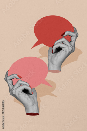 Vertical collage 3d hands arms wrist body fragment hold communication phrase cite speech dialog conversation reply message