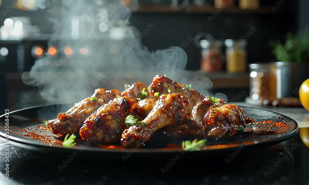 chicken wings on a plate. chicken wings with sauce, spices and herbs on the grill chicken wings on a plate. chicken wings with sauce, spices and herbs on the grill