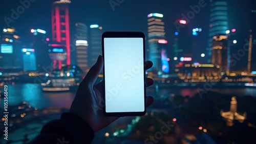 Businessman holding cell phone with Skyscrapers in night,using smartphone with blank screen,A white screen smartphone mockup in a man's hand,social media, mobile application,chatting,copy space.