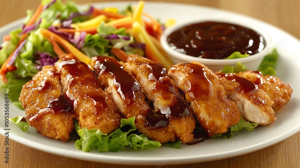 Naklejka premium Delicious grilled chicken served with fresh salad and barbecue sauce on a white plate.