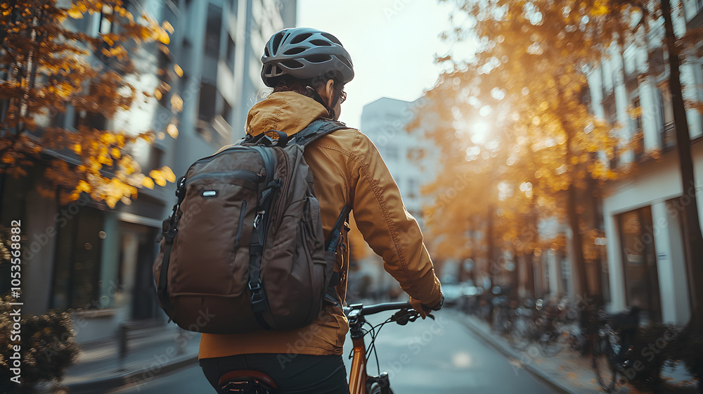 A Cyclist Commuting Through a Cityscape, Wearing a Helmet and Carrying a Backpack, with Urban Buildings in the Background
A Cyclist Commuting Through a Cityscape, Wearing a Helmet and Carrying a Backpack, with Urban Buildings in the Background