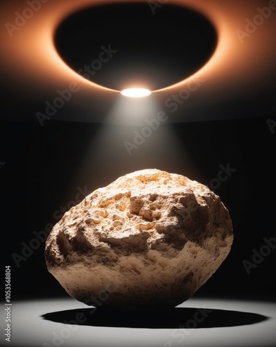 An artist's depiction of a space rock illuminated from above by a radiant light. photo