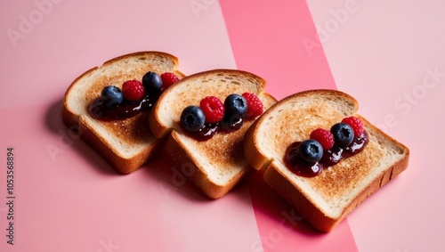 Three slices of toast with jam and berries on a pink background A pink backdrop is visible behind them. photo