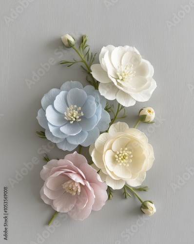 Delicate Watercolor Columbine Flowers Arranged on Light Gray Background. photo