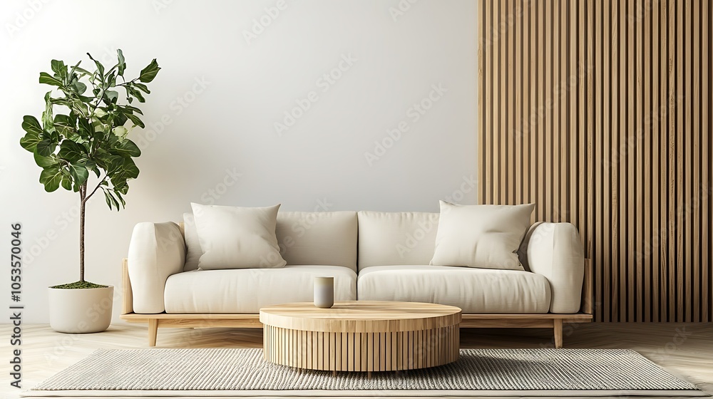 Modern living room with a sofa, coffee table, and plant. Modern living room with a sofa, coffee table, and plant.