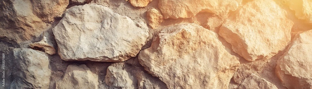 Naklejka premium A Close-Up View of Rough Stone Wall Texture with Warm Sunlight