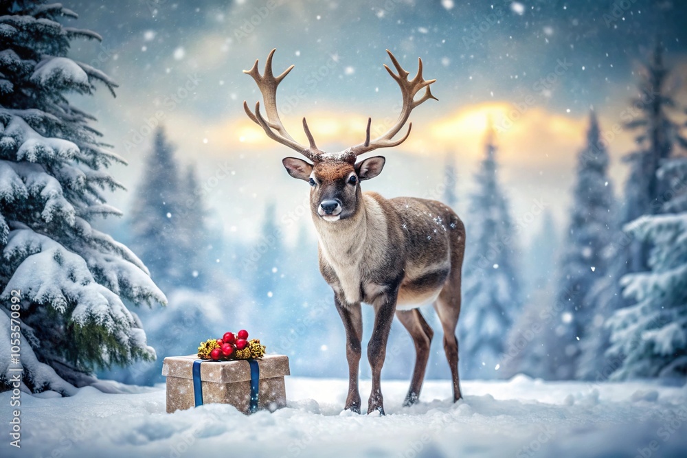 Winter scene with reindeer and Christmas gifts in snow Winter scene with reindeer and Christmas gifts in snow