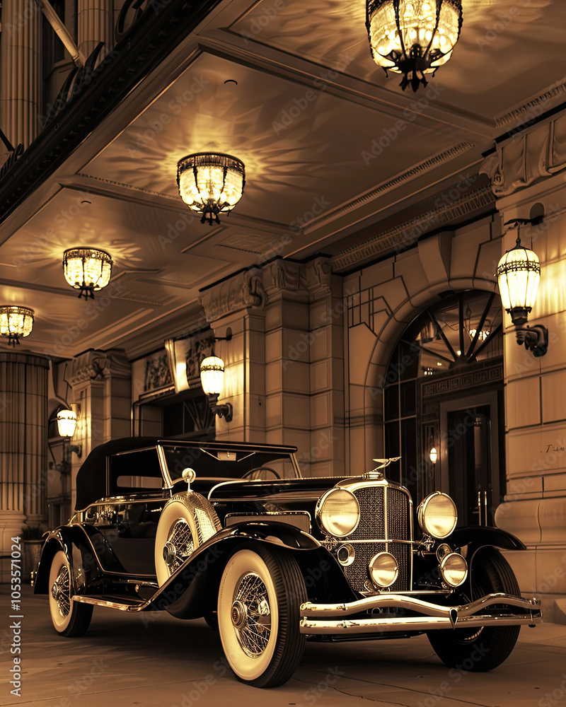 Classic 1930s Duesenberg in Front of Grand Art Deco Hotel with Warm Lighting