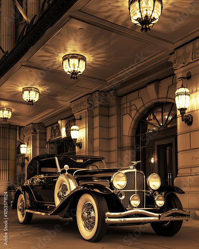 Obraz na płótnie Classic 1930s Duesenberg in Front of Grand Art Deco Hotel with Warm Lighting w salonie