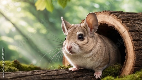 Curious Chinchilla Peeking Out of Hollow Log in Enchanting Woodland with Soft Dappled Light. photo