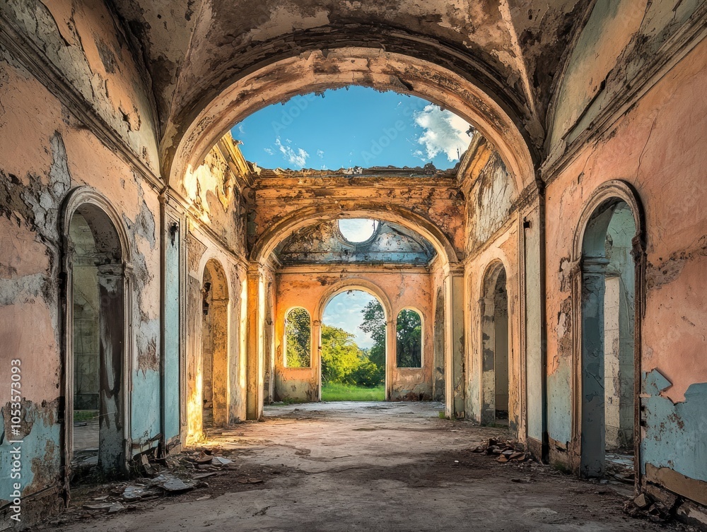 Obraz premium A decaying interior of an abandoned building with arched ceilings and natural light streaming in.
