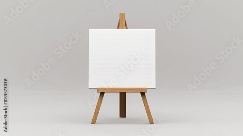 A small easel holds a blank white canvas, ready for art.  The background is plain white. photo