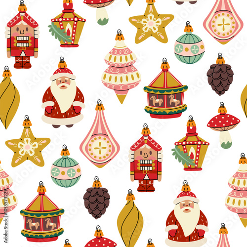 pattern of Soviet Christmas tree toys in the form of various objects, animals and people. Glass toys. Illustrations in vintage colors, jewelry items. Festive decor items for decorating Christmas tree