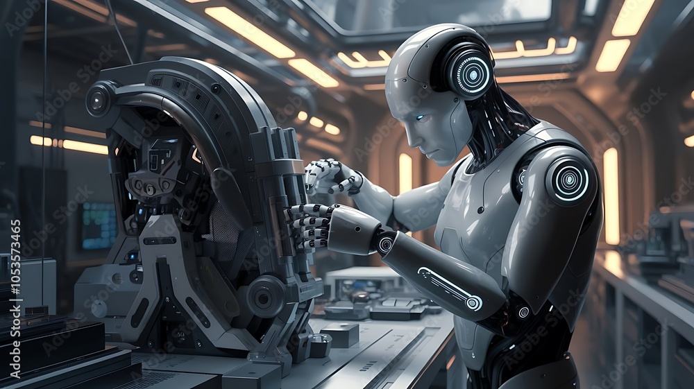 Fototapeta premium Advanced Futuristic Robot Interacting with Holographic Interface, Cutting-Edge Robot with Reflective Design and Holographic Display