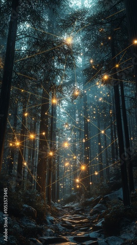 A misty forest scene bathed in ethereal light beams, highlighting glowing network-like patterns between trees, creating a magical and mysterious atmosphere.