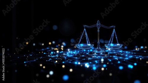 Digital justice scales over network connections, symbolizing tech advancements in automated legal research, digital law, justice automation