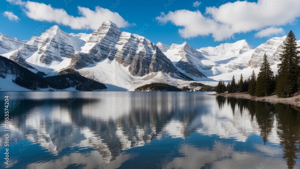 Majestic Snow Capped Peaks Reflected in Serene Alpine Lake Panorama. Majestic Snow Capped Peaks Reflected in Serene Alpine Lake Panorama.