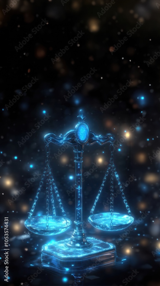 AI powered justice scales glowing in blue with holographic effects, symbolizing law automation and digital legal tech, justice automation, AI law AI powered justice scales glowing in blue with holographic effects, symbolizing law automation and digital legal tech, justice automation, AI law