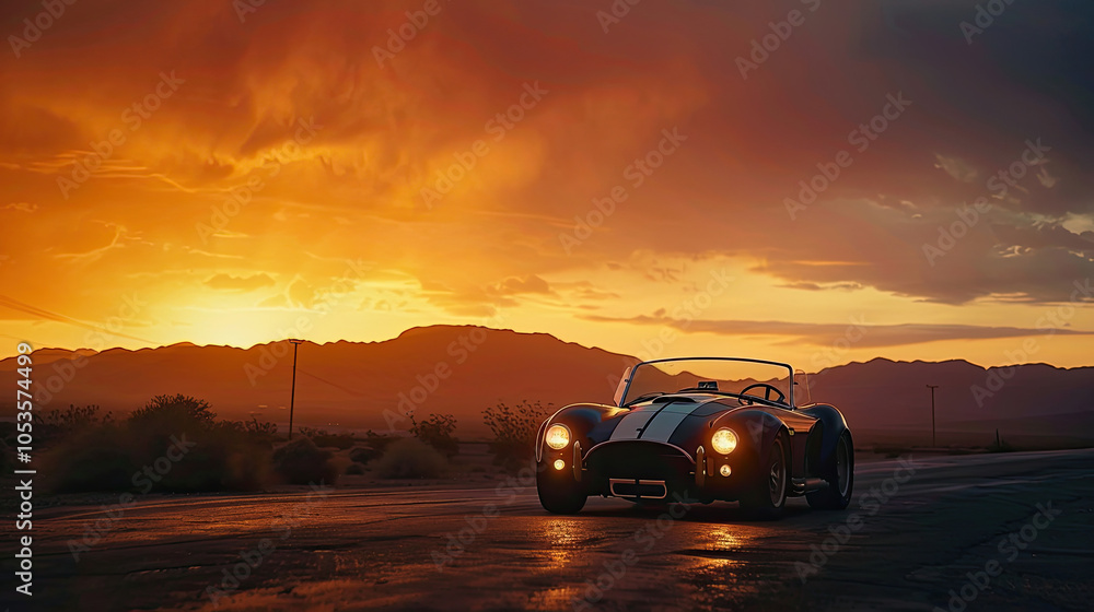 Vintage Shelby Cobra on Scenic Desert Highway at Sunset with Orange Sky