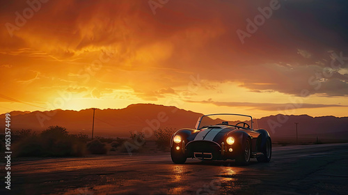 Obraz na płótnie Vintage Shelby Cobra on Scenic Desert Highway at Sunset with Orange Sky w salonie