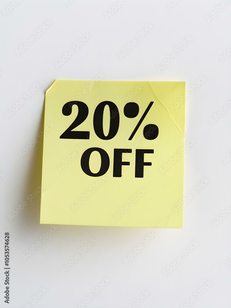 Black '20% OFF' Text on a Light Yellow Square Paper Note. White Background Black '20% OFF' Text on a Light Yellow Square Paper Note. White Background