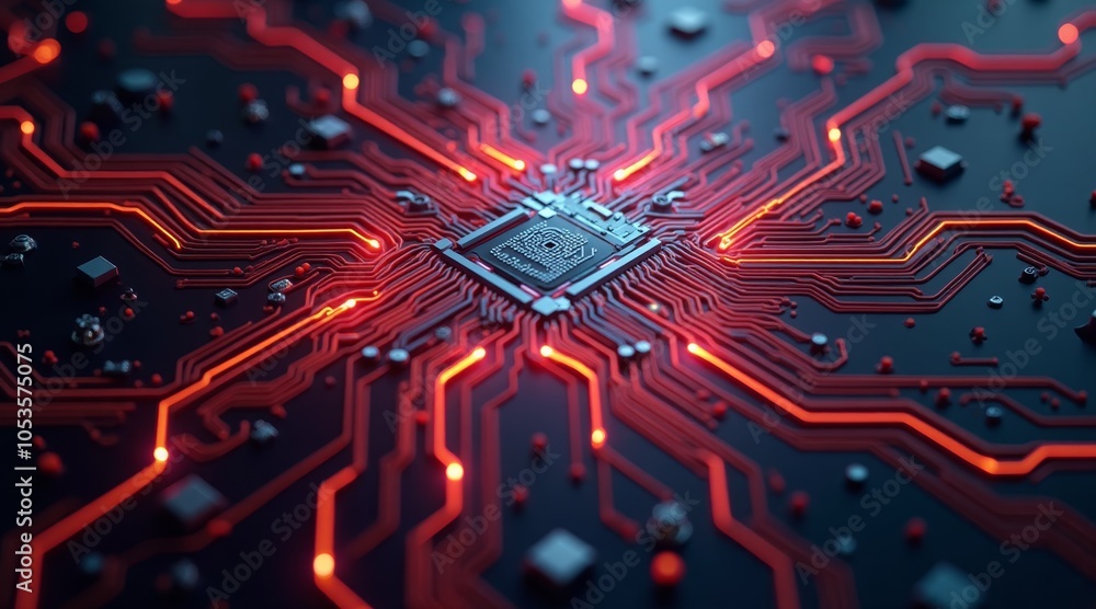 Fototapeta premium Futuristic circuit board design with glowing red patterns and technology theme
