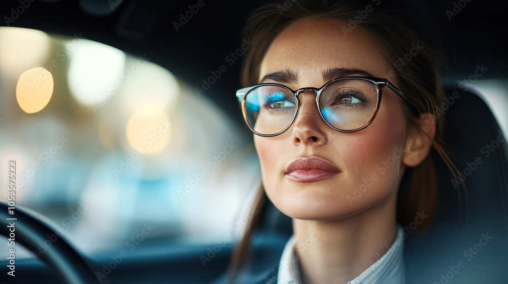 Young woman wearing glasses sits confidently in a modern car on a sunny day, showcasing a stylish look and serene expression Young woman wearing glasses sits confidently in a modern car on a sunny day, showcasing a stylish look and serene expression