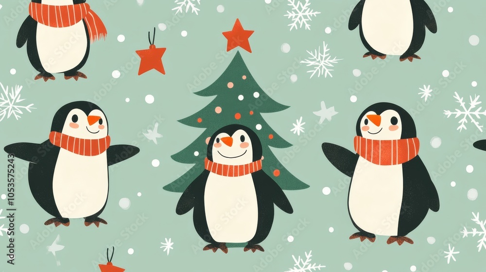 Fototapeta premium This design features adorable penguins and a Christmas tree, perfect for creating festive patterns on fabric, wrapping paper, or other projects. It's a simple, flat style that's easy to use.