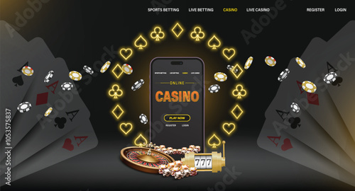 Online casino, black banner with smartphone, casino slot machine, Casino Roulette, cards and poker chips in dark scene with gold neon of poker set around