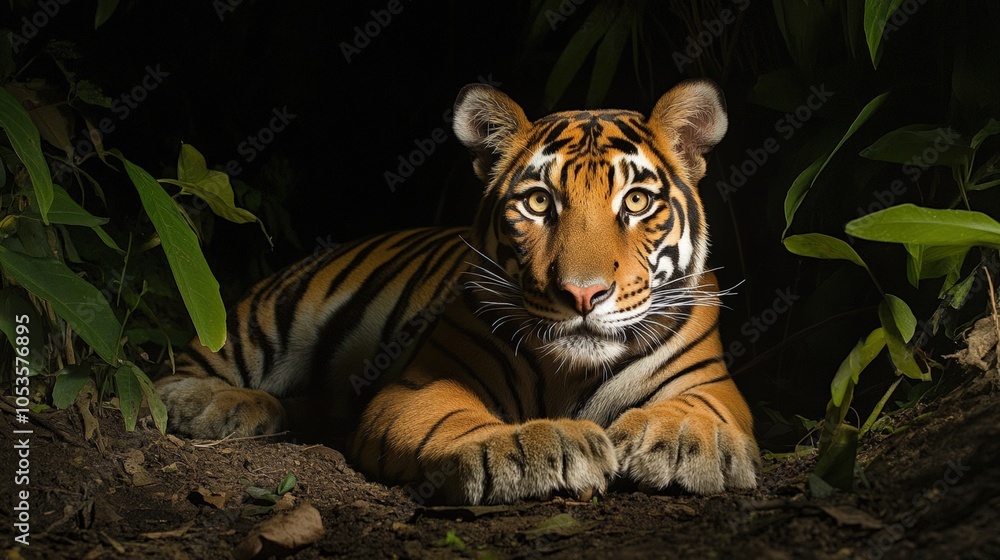 Obraz premium Majestic Bengal Tiger in a Dark Forest, a Symbol of Endangered Wildlife, Captures Attention with Its Striking Gaze and Powerful Presence