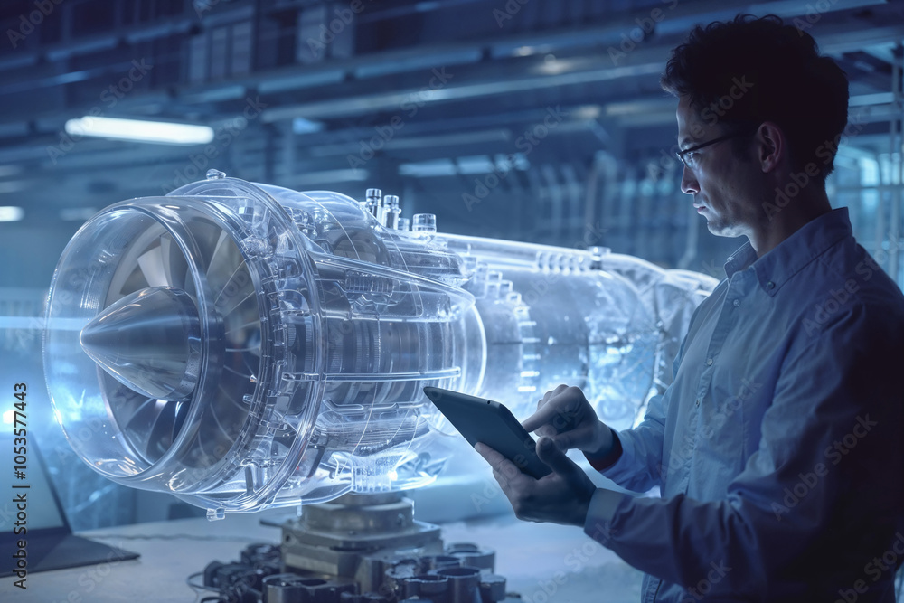 Fototapeta premium Engineer analyzing holographic engine. Generative AI