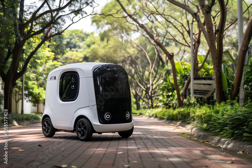 Small autonomous delivery robot vehicle on a park pathway. Generative AI image