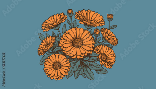 Calendula flower flat vector illustration.
The Cute Calendula Flower vector artwork is a charming and vibrant digital illustration.
A Calendula flower illustration.